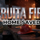 A viral, hyper-realistic YouTube thumbnail with a kinetic and intense atmosphere. The background is a rural landscape at dusk with orange and red embers flying through the air and dark smoke rising from a burning wooden structure. The composition uses a low angle for power to focus on the main subject: a gleaming red fire helmet sitting on a scorched wooden porch with a professional fire hose nozzle next to it. Image size should be 3:2. The image features massive 3D typography with strict hierarchy: The Primary Text reads exactly: 'FRUITA FIRE'. This text is massive, the largest element in the frame, rendered in brushed chrome with a fire glow reflection to look like a high budget 3D render. The Secondary Text reads exactly: 'HOME SAVED'. This text is significantly smaller, positioned below the main text. It features a thick, distinct white sticker style border to contrast against the dark smoky background. Make sure text 2 is a clean, bold sans serif font compared to the industrial look of text 1. The text materials correspond to the story concept of fire and rescue. Crucial Instruction: There is absolutely NO other text, numbers, watermarks, or subtitles in this image other than these two specific lines. 8k, Unreal Engine 5, cinematic render.