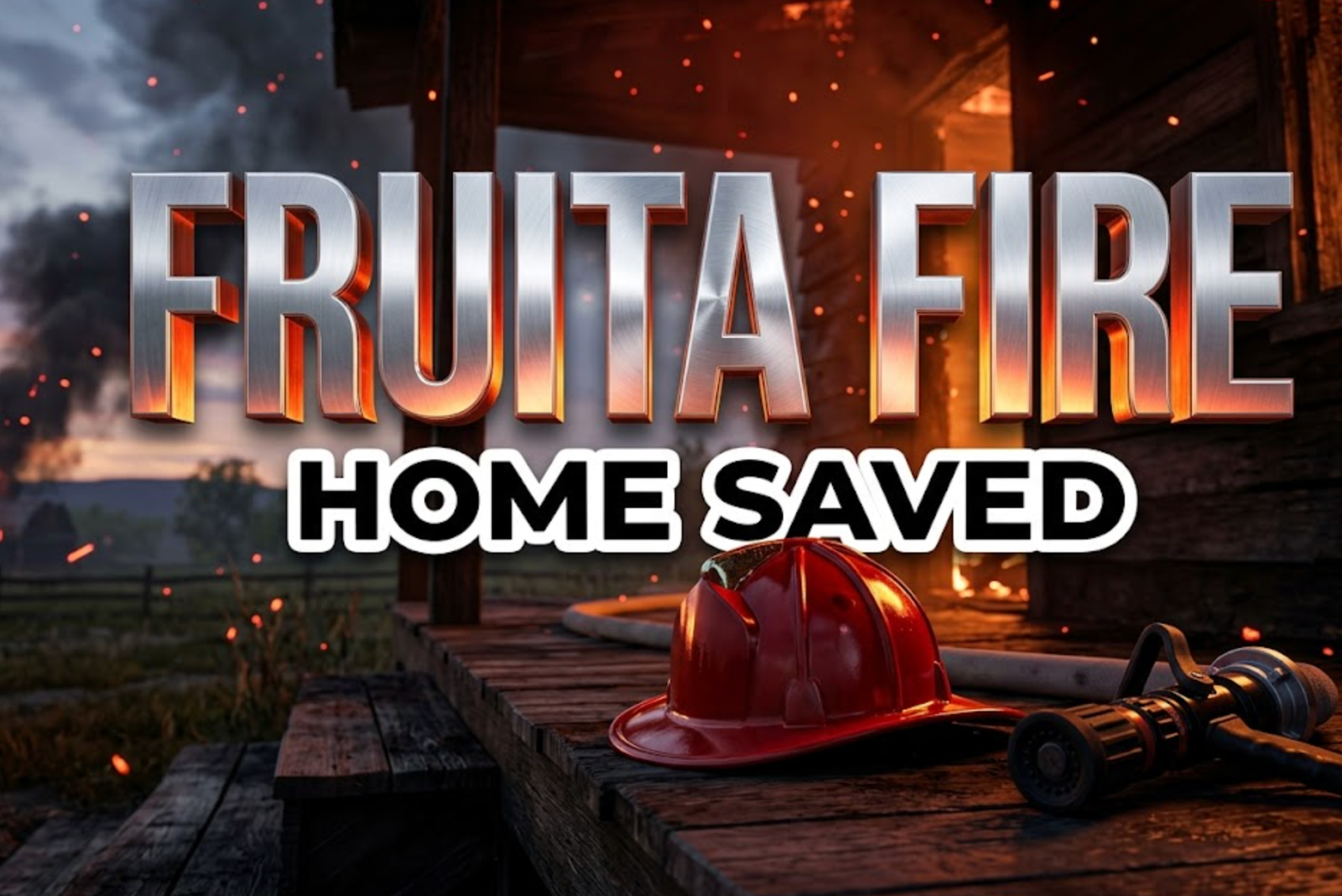 A viral, hyper-realistic YouTube thumbnail with a kinetic and intense atmosphere. The background is a rural landscape at dusk with orange and red embers flying through the air and dark smoke rising from a burning wooden structure. The composition uses a low angle for power to focus on the main subject: a gleaming red fire helmet sitting on a scorched wooden porch with a professional fire hose nozzle next to it. Image size should be 3:2. The image features massive 3D typography with strict hierarchy: The Primary Text reads exactly: 'FRUITA FIRE'. This text is massive, the largest element in the frame, rendered in brushed chrome with a fire glow reflection to look like a high budget 3D render. The Secondary Text reads exactly: 'HOME SAVED'. This text is significantly smaller, positioned below the main text. It features a thick, distinct white sticker style border to contrast against the dark smoky background. Make sure text 2 is a clean, bold sans serif font compared to the industrial look of text 1. The text materials correspond to the story concept of fire and rescue. Crucial Instruction: There is absolutely NO other text, numbers, watermarks, or subtitles in this image other than these two specific lines. 8k, Unreal Engine 5, cinematic render.