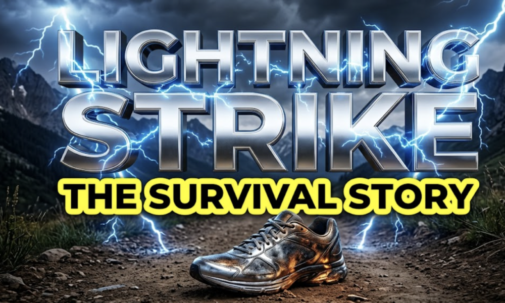 A viral, hyper-realistic YouTube thumbnail with a Tech atmosphere. The background is a dark, stormy Colorado mountain trail with flashes of electric blue lighting. The composition uses a Low Angle to focus on the main subject: a scorched, metallic running shoe abandoned on a dirt path. Image size should be 3:2. The image features massive 3D typography with strict hierarchy: The Primary Text reads exactly: 'LIGHTNING STRIKE'. This text is massive, the largest element in the frame, rendered in Chrome with electric blue sparks to look like a high-budget 3D render. The Secondary Text reads exactly: 'THE SURVIVAL STORY'. This text is significantly smaller, positioned below the main text. It features a thick, bright yellow sticker style outline to contrast against the dark background. 8k, Unreal Engine 5, cinematic render.