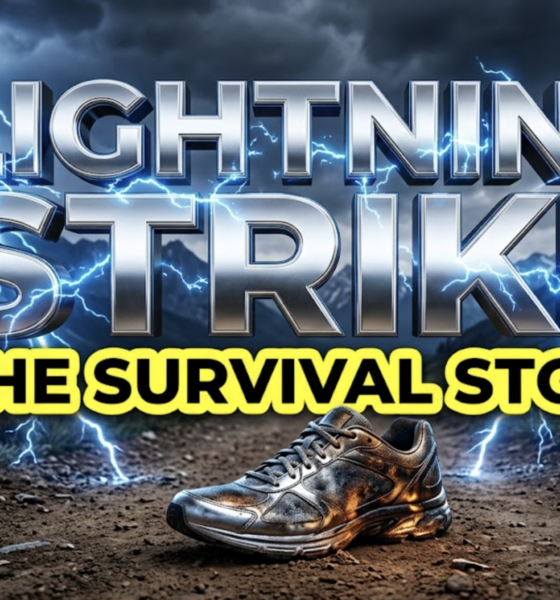 A viral, hyper-realistic YouTube thumbnail with a Tech atmosphere. The background is a dark, stormy Colorado mountain trail with flashes of electric blue lighting. The composition uses a Low Angle to focus on the main subject: a scorched, metallic running shoe abandoned on a dirt path. Image size should be 3:2. The image features massive 3D typography with strict hierarchy: The Primary Text reads exactly: 'LIGHTNING STRIKE'. This text is massive, the largest element in the frame, rendered in Chrome with electric blue sparks to look like a high-budget 3D render. The Secondary Text reads exactly: 'THE SURVIVAL STORY'. This text is significantly smaller, positioned below the main text. It features a thick, bright yellow sticker style outline to contrast against the dark background. 8k, Unreal Engine 5, cinematic render.