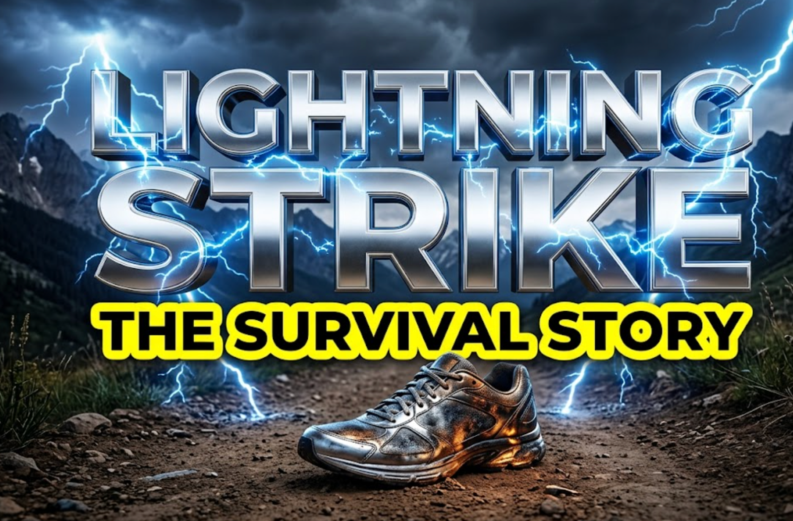 A viral, hyper-realistic YouTube thumbnail with a Tech atmosphere. The background is a dark, stormy Colorado mountain trail with flashes of electric blue lighting. The composition uses a Low Angle to focus on the main subject: a scorched, metallic running shoe abandoned on a dirt path. Image size should be 3:2. The image features massive 3D typography with strict hierarchy: The Primary Text reads exactly: 'LIGHTNING STRIKE'. This text is massive, the largest element in the frame, rendered in Chrome with electric blue sparks to look like a high-budget 3D render. The Secondary Text reads exactly: 'THE SURVIVAL STORY'. This text is significantly smaller, positioned below the main text. It features a thick, bright yellow sticker style outline to contrast against the dark background. 8k, Unreal Engine 5, cinematic render.