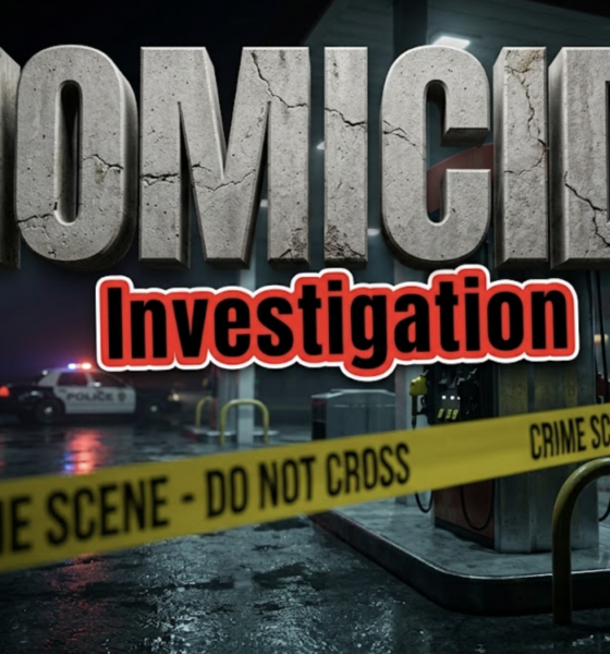 A viral, hyper-realistic YouTube thumbnail with a somber crime scene atmosphere. The background is a darkened gas station at night, with the ambient glow from overhead lights reflecting on wet pavement. The composition uses a low angle shot to focus on the main subject: a bright yellow police caution tape stretched taut across a gas pump in the foreground, slightly out of focus to create depth. Image size should be 3:2. The image features massive 3D typography with strict hierarchy: The Primary Text reads exactly: 'HOMICIDE'. This text is massive, the largest element in the frame, rendered in a gritty, concrete material with cracks to look like a high-budget 3D render. The Secondary Text reads exactly: 'Investigation'. This text is significantly smaller, positioned below the main text. It features a thick, red border/outline (sticker style) to contrast against the background.