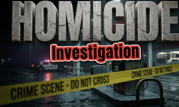 A viral, hyper-realistic YouTube thumbnail with a somber crime scene atmosphere. The background is a darkened gas station at night, with the ambient glow from overhead lights reflecting on wet pavement. The composition uses a low angle shot to focus on the main subject: a bright yellow police caution tape stretched taut across a gas pump in the foreground, slightly out of focus to create depth. Image size should be 3:2. The image features massive 3D typography with strict hierarchy: The Primary Text reads exactly: 'HOMICIDE'. This text is massive, the largest element in the frame, rendered in a gritty, concrete material with cracks to look like a high-budget 3D render. The Secondary Text reads exactly: 'Investigation'. This text is significantly smaller, positioned below the main text. It features a thick, red border/outline (sticker style) to contrast against the background.