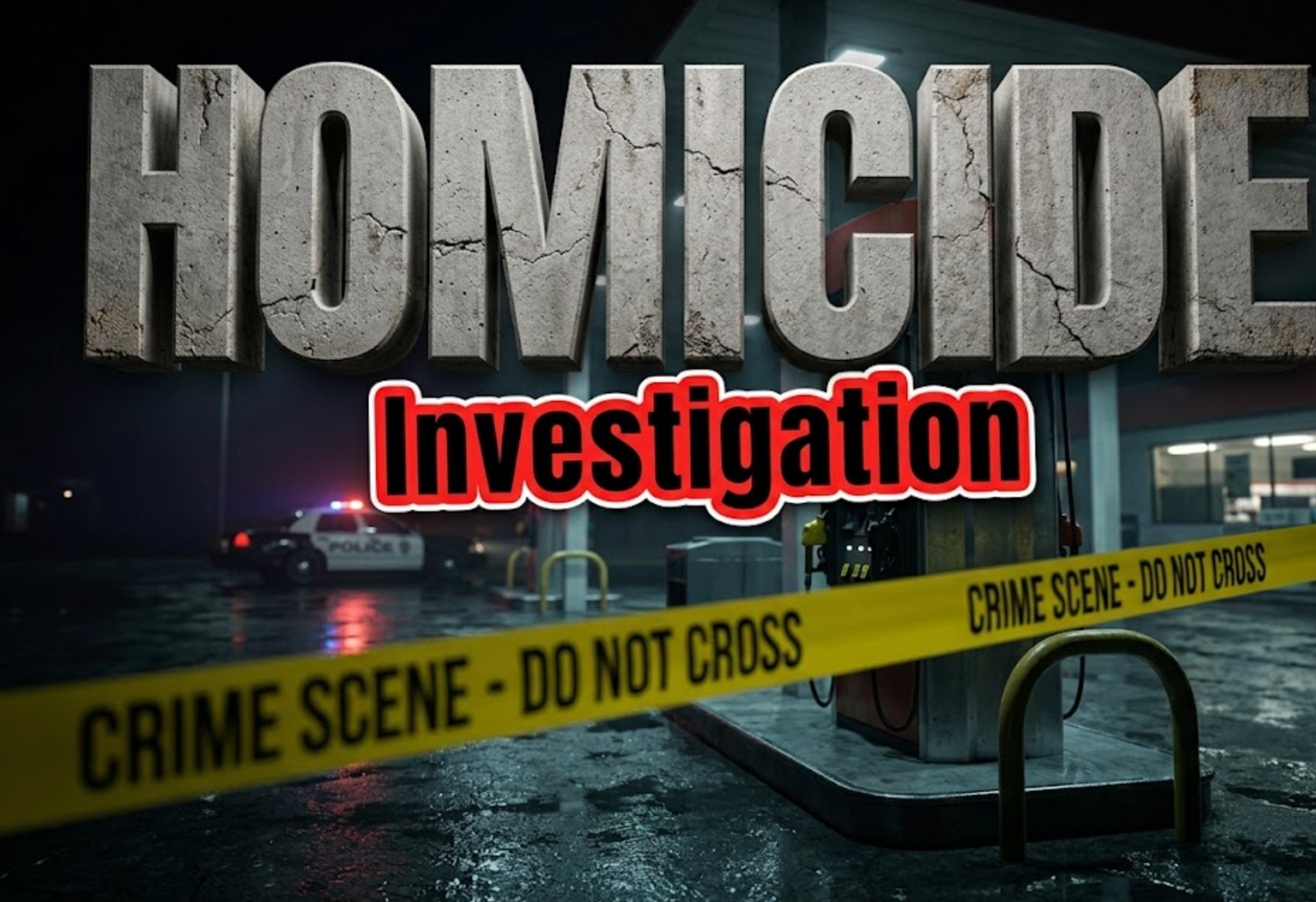 A viral, hyper-realistic YouTube thumbnail with a somber crime scene atmosphere. The background is a darkened gas station at night, with the ambient glow from overhead lights reflecting on wet pavement. The composition uses a low angle shot to focus on the main subject: a bright yellow police caution tape stretched taut across a gas pump in the foreground, slightly out of focus to create depth. Image size should be 3:2.
The image features massive 3D typography with strict hierarchy:
The Primary Text reads exactly: 'HOMICIDE'. This text is massive, the largest element in the frame, rendered in a gritty, concrete material with cracks to look like a high-budget 3D render.
The Secondary Text reads exactly: 'Investigation'. This text is significantly smaller, positioned below the main text. It features a thick, red border/outline (sticker style) to contrast against the background.