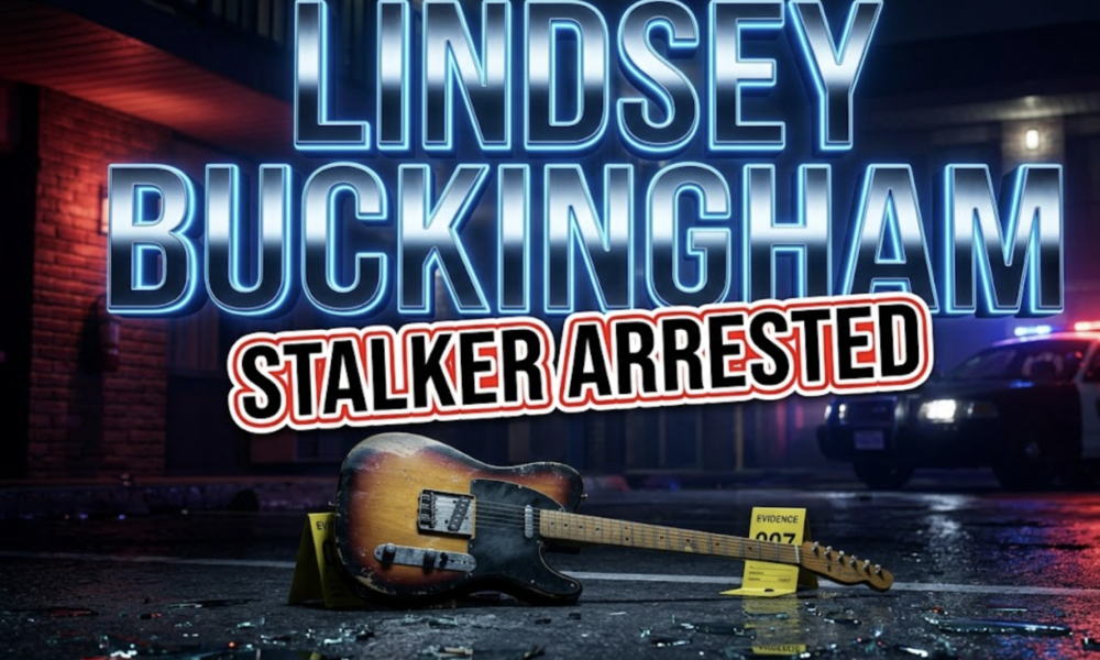 A viral, hyper-realistic YouTube thumbnail with a dark crime drama atmosphere. The background is a dimly lit hotel exterior at night with police cruiser lights casting red and blue strobes across the scene, combined with moody cinematic lighting creating sharp shadows. The composition uses a low angle dramatic shot to focus on the main subject: a vintage electric guitar propped against a police evidence marker on wet pavement, with shattered car glass scattered around it. Image size should be 3:2. The image features massive 3D typography with strict hierarchy: The Primary Text reads exactly: 'LINDSEY BUCKINGHAM'. This text is massive, the largest element in the frame, rendered in Chrome with electric blue neon glow to look like a high-budget 3D render. The Secondary Text reads exactly: 'STALKER ARRESTED'. This text is significantly smaller, positioned below the main text. It features a thick, distinct red and white border/outline in sticker style to contrast against the background. Make sure text 2 is always different theme, style, effect and border compared to text 1. The text materials correspond to the story's concept. Crucial Instruction: There is absolutely NO other text, numbers, watermarks, or subtitles in this image other than these two specific lines. 8k, Unreal Engine 5, cinematic render