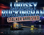A viral, hyper-realistic YouTube thumbnail with a dark crime drama atmosphere. The background is a dimly lit hotel exterior at night with police cruiser lights casting red and blue strobes across the scene, combined with moody cinematic lighting creating sharp shadows. The composition uses a low angle dramatic shot to focus on the main subject: a vintage electric guitar propped against a police evidence marker on wet pavement, with shattered car glass scattered around it. Image size should be 3:2. The image features massive 3D typography with strict hierarchy: The Primary Text reads exactly: 'LINDSEY BUCKINGHAM'. This text is massive, the largest element in the frame, rendered in Chrome with electric blue neon glow to look like a high-budget 3D render. The Secondary Text reads exactly: 'STALKER ARRESTED'. This text is significantly smaller, positioned below the main text. It features a thick, distinct red and white border/outline in sticker style to contrast against the background. Make sure text 2 is always different theme, style, effect and border compared to text 1. The text materials correspond to the story's concept. Crucial Instruction: There is absolutely NO other text, numbers, watermarks, or subtitles in this image other than these two specific lines. 8k, Unreal Engine 5, cinematic render