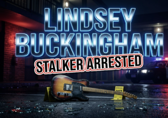 A viral, hyper-realistic YouTube thumbnail with a dark crime drama atmosphere. The background is a dimly lit hotel exterior at night with police cruiser lights casting red and blue strobes across the scene, combined with moody cinematic lighting creating sharp shadows. The composition uses a low angle dramatic shot to focus on the main subject: a vintage electric guitar propped against a police evidence marker on wet pavement, with shattered car glass scattered around it. Image size should be 3:2. The image features massive 3D typography with strict hierarchy: The Primary Text reads exactly: 'LINDSEY BUCKINGHAM'. This text is massive, the largest element in the frame, rendered in Chrome with electric blue neon glow to look like a high-budget 3D render. The Secondary Text reads exactly: 'STALKER ARRESTED'. This text is significantly smaller, positioned below the main text. It features a thick, distinct red and white border/outline in sticker style to contrast against the background. Make sure text 2 is always different theme, style, effect and border compared to text 1. The text materials correspond to the story's concept. Crucial Instruction: There is absolutely NO other text, numbers, watermarks, or subtitles in this image other than these two specific lines. 8k, Unreal Engine 5, cinematic render