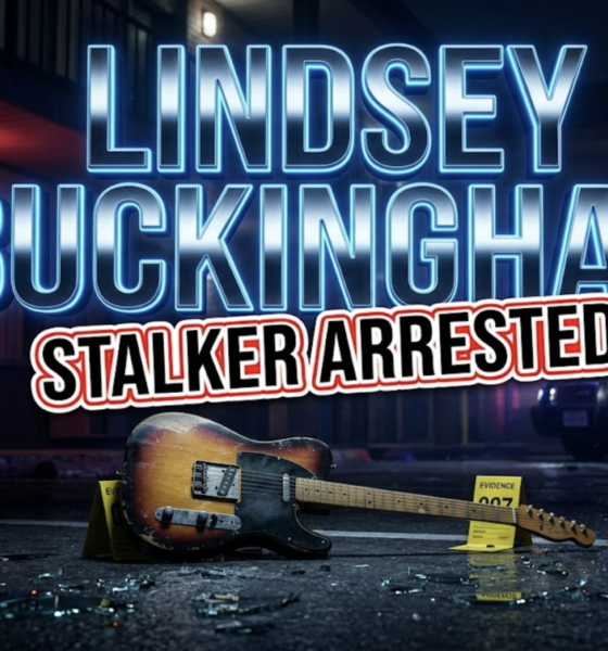 A viral, hyper-realistic YouTube thumbnail with a dark crime drama atmosphere. The background is a dimly lit hotel exterior at night with police cruiser lights casting red and blue strobes across the scene, combined with moody cinematic lighting creating sharp shadows. The composition uses a low angle dramatic shot to focus on the main subject: a vintage electric guitar propped against a police evidence marker on wet pavement, with shattered car glass scattered around it. Image size should be 3:2. The image features massive 3D typography with strict hierarchy: The Primary Text reads exactly: 'LINDSEY BUCKINGHAM'. This text is massive, the largest element in the frame, rendered in Chrome with electric blue neon glow to look like a high-budget 3D render. The Secondary Text reads exactly: 'STALKER ARRESTED'. This text is significantly smaller, positioned below the main text. It features a thick, distinct red and white border/outline in sticker style to contrast against the background. Make sure text 2 is always different theme, style, effect and border compared to text 1. The text materials correspond to the story's concept. Crucial Instruction: There is absolutely NO other text, numbers, watermarks, or subtitles in this image other than these two specific lines. 8k, Unreal Engine 5, cinematic render