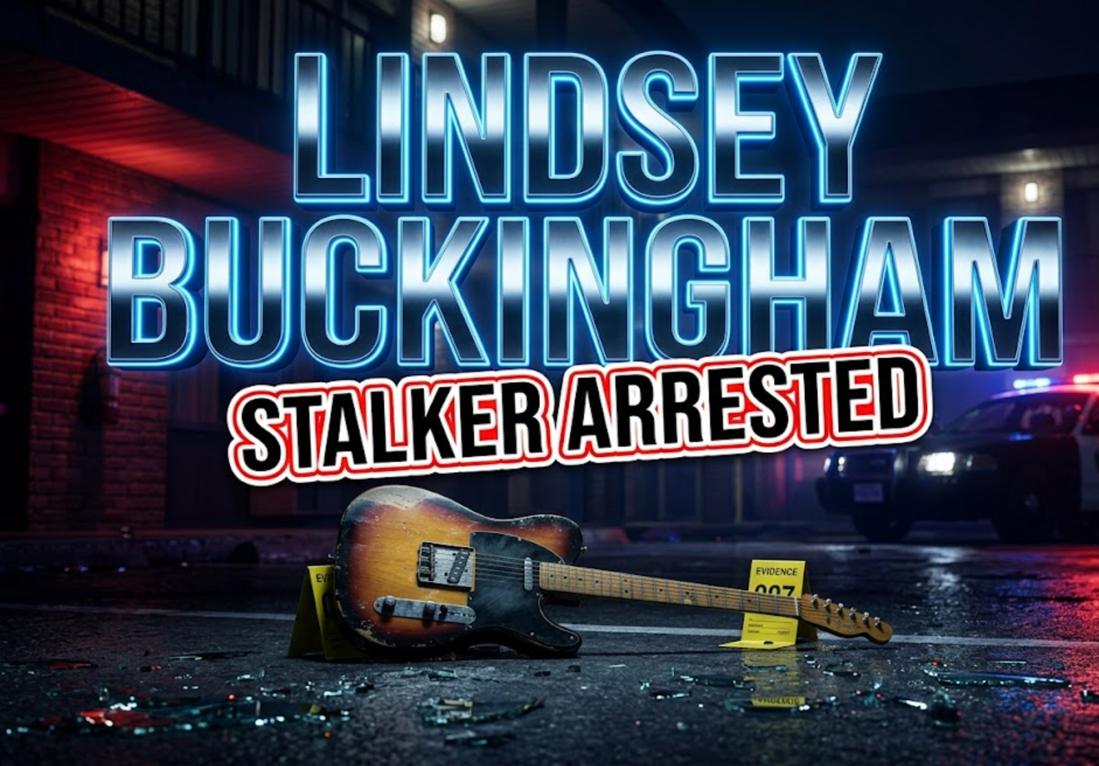 A viral, hyper-realistic YouTube thumbnail with a dark crime drama atmosphere. The background is a dimly lit hotel exterior at night with police cruiser lights casting red and blue strobes across the scene, combined with moody cinematic lighting creating sharp shadows. The composition uses a low angle dramatic shot to focus on the main subject: a vintage electric guitar propped against a police evidence marker on wet pavement, with shattered car glass scattered around it. Image size should be 3:2. The image features massive 3D typography with strict hierarchy: The Primary Text reads exactly: 'LINDSEY BUCKINGHAM'. This text is massive, the largest element in the frame, rendered in Chrome with electric blue neon glow to look like a high-budget 3D render. The Secondary Text reads exactly: 'STALKER ARRESTED'. This text is significantly smaller, positioned below the main text. It features a thick, distinct red and white border/outline in sticker style to contrast against the background. Make sure text 2 is always different theme, style, effect and border compared to text 1. The text materials correspond to the story's concept. Crucial Instruction: There is absolutely NO other text, numbers, watermarks, or subtitles in this image other than these two specific lines. 8k, Unreal Engine 5, cinematic render