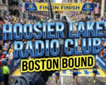 A viral, hyper-realistic YouTube thumbnail with a kinetic, tech-focused atmosphere. The background is a motion-blurred view of the Boston Marathon finish line, filled with cheering crowds and confetti. The composition uses a macro close up to focus on the main subject: a modern, rugged hand-held amateur radio transceiver held by a gloved hand. Image size should be 3:2. The image features massive 3D typography with strict hierarchy: The Primary Text reads exactly: 'HOOSIER LAKES RADIO CLUB'. This text is massive, the largest element in the frame, rendered in polished blue chrome to look like a high-budget 3D render. The Secondary Text reads exactly: 'BOSTON BOUND'. This text is significantly smaller, positioned below the main text. It features a thick, bright yellow border/outline (sticker style) to contrast against the background.