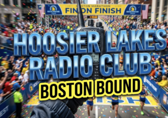 A viral, hyper-realistic YouTube thumbnail with a kinetic, tech-focused atmosphere. The background is a motion-blurred view of the Boston Marathon finish line, filled with cheering crowds and confetti. The composition uses a macro close up to focus on the main subject: a modern, rugged hand-held amateur radio transceiver held by a gloved hand. Image size should be 3:2. The image features massive 3D typography with strict hierarchy: The Primary Text reads exactly: 'HOOSIER LAKES RADIO CLUB'. This text is massive, the largest element in the frame, rendered in polished blue chrome to look like a high-budget 3D render. The Secondary Text reads exactly: 'BOSTON BOUND'. This text is significantly smaller, positioned below the main text. It features a thick, bright yellow border/outline (sticker style) to contrast against the background.