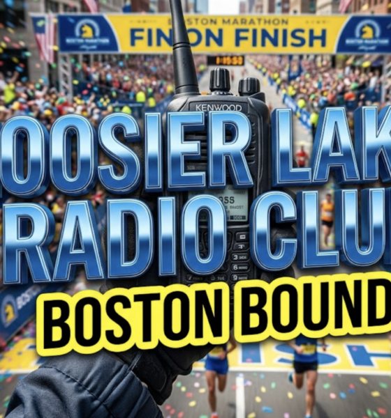 A viral, hyper-realistic YouTube thumbnail with a kinetic, tech-focused atmosphere. The background is a motion-blurred view of the Boston Marathon finish line, filled with cheering crowds and confetti. The composition uses a macro close up to focus on the main subject: a modern, rugged hand-held amateur radio transceiver held by a gloved hand. Image size should be 3:2. The image features massive 3D typography with strict hierarchy: The Primary Text reads exactly: 'HOOSIER LAKES RADIO CLUB'. This text is massive, the largest element in the frame, rendered in polished blue chrome to look like a high-budget 3D render. The Secondary Text reads exactly: 'BOSTON BOUND'. This text is significantly smaller, positioned below the main text. It features a thick, bright yellow border/outline (sticker style) to contrast against the background.