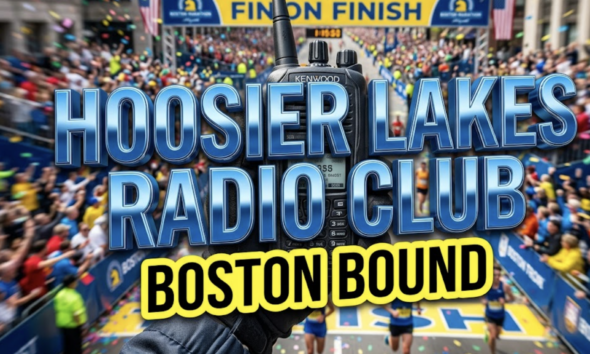 A viral, hyper-realistic YouTube thumbnail with a kinetic, tech-focused atmosphere. The background is a motion-blurred view of the Boston Marathon finish line, filled with cheering crowds and confetti. The composition uses a macro close up to focus on the main subject: a modern, rugged hand-held amateur radio transceiver held by a gloved hand. Image size should be 3:2. The image features massive 3D typography with strict hierarchy: The Primary Text reads exactly: 'HOOSIER LAKES RADIO CLUB'. This text is massive, the largest element in the frame, rendered in polished blue chrome to look like a high-budget 3D render. The Secondary Text reads exactly: 'BOSTON BOUND'. This text is significantly smaller, positioned below the main text. It features a thick, bright yellow border/outline (sticker style) to contrast against the background.