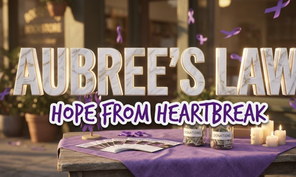 A viral, hyper-realistic image with a somber yet hopeful atmosphere blending community activism and memorial themes. The background is a softly lit bookstore exterior with warm golden hour lighting casting long shadows, featuring purple ribbons (domestic violence awareness symbol) gently floating in the breeze. The composition uses an eye-level medium shot to focus on the main subject: a weathered wooden fundraising table draped with a purple awareness cloth, topped with flickering memorial candles, donation jars filled with bills and coins, and awareness brochures fanned across the surface. Image size should be 3:2. The image features massive 3D typography with strict hierarchy: The Primary Text reads exactly: 'AUBREE'S LAW'. This text is massive, the largest element in the frame, rendered in polished marble with gold veining and soft ethereal glow to look like a high-budget 3D render. The Secondary Text reads exactly: 'HOPE FROM HEARTBREAK'. This text is significantly smaller, positioned below the main text. It features a thick, distinct purple border with white outline (sticker style) in a handwritten font that contrasts against the background. Make sure text 2 is always different theme, style, effect and border compared to text 1. The text materials correspond to the story's concept of memorial and legislative victory. Crucial Instruction: There is absolutely NO other text, numbers, watermarks, or subtitles in this image other than these two specific lines. 8k, Unreal Engine 5, cinematic render.