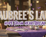 A viral, hyper-realistic image with a somber yet hopeful atmosphere blending community activism and memorial themes. The background is a softly lit bookstore exterior with warm golden hour lighting casting long shadows, featuring purple ribbons (domestic violence awareness symbol) gently floating in the breeze. The composition uses an eye-level medium shot to focus on the main subject: a weathered wooden fundraising table draped with a purple awareness cloth, topped with flickering memorial candles, donation jars filled with bills and coins, and awareness brochures fanned across the surface. Image size should be 3:2. The image features massive 3D typography with strict hierarchy: The Primary Text reads exactly: 'AUBREE'S LAW'. This text is massive, the largest element in the frame, rendered in polished marble with gold veining and soft ethereal glow to look like a high-budget 3D render. The Secondary Text reads exactly: 'HOPE FROM HEARTBREAK'. This text is significantly smaller, positioned below the main text. It features a thick, distinct purple border with white outline (sticker style) in a handwritten font that contrasts against the background. Make sure text 2 is always different theme, style, effect and border compared to text 1. The text materials correspond to the story's concept of memorial and legislative victory. Crucial Instruction: There is absolutely NO other text, numbers, watermarks, or subtitles in this image other than these two specific lines. 8k, Unreal Engine 5, cinematic render.