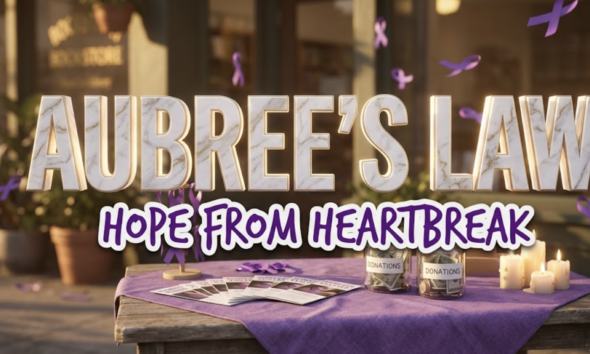 A viral, hyper-realistic image with a somber yet hopeful atmosphere blending community activism and memorial themes. The background is a softly lit bookstore exterior with warm golden hour lighting casting long shadows, featuring purple ribbons (domestic violence awareness symbol) gently floating in the breeze. The composition uses an eye-level medium shot to focus on the main subject: a weathered wooden fundraising table draped with a purple awareness cloth, topped with flickering memorial candles, donation jars filled with bills and coins, and awareness brochures fanned across the surface. Image size should be 3:2. The image features massive 3D typography with strict hierarchy: The Primary Text reads exactly: 'AUBREE'S LAW'. This text is massive, the largest element in the frame, rendered in polished marble with gold veining and soft ethereal glow to look like a high-budget 3D render. The Secondary Text reads exactly: 'HOPE FROM HEARTBREAK'. This text is significantly smaller, positioned below the main text. It features a thick, distinct purple border with white outline (sticker style) in a handwritten font that contrasts against the background. Make sure text 2 is always different theme, style, effect and border compared to text 1. The text materials correspond to the story's concept of memorial and legislative victory. Crucial Instruction: There is absolutely NO other text, numbers, watermarks, or subtitles in this image other than these two specific lines. 8k, Unreal Engine 5, cinematic render.