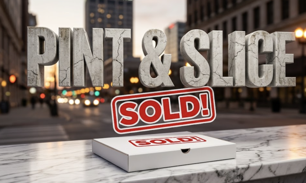 A viral, hyper-realistic YouTube thumbnail with a sophisticated business atmosphere. The background is a blurred, bustling city street at dusk in Fort Wayne, with bokeh lights and a subtle glow. The composition uses a low angle shot to focus on the main subject: a single, pristine white pizza box with a "SOLD" sign sticker on it, resting on a polished marble countertop. Image size should be 3:2. The image features massive 3D typography with strict hierarchy: The Primary Text reads exactly: 'PINT & SLICE'. This text is massive, the largest element in the frame, rendered in distressed, cracked concrete to look like a historic monument. The Secondary Text reads exactly: 'SOLD!'. This text is significantly smaller, positioned below the main text. It features a thick, vibrant red border/outline (sticker style) to contrast against the background.