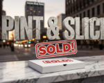 A viral, hyper-realistic YouTube thumbnail with a sophisticated business atmosphere. The background is a blurred, bustling city street at dusk in Fort Wayne, with bokeh lights and a subtle glow. The composition uses a low angle shot to focus on the main subject: a single, pristine white pizza box with a "SOLD" sign sticker on it, resting on a polished marble countertop. Image size should be 3:2. The image features massive 3D typography with strict hierarchy: The Primary Text reads exactly: 'PINT & SLICE'. This text is massive, the largest element in the frame, rendered in distressed, cracked concrete to look like a historic monument. The Secondary Text reads exactly: 'SOLD!'. This text is significantly smaller, positioned below the main text. It features a thick, vibrant red border/outline (sticker style) to contrast against the background.