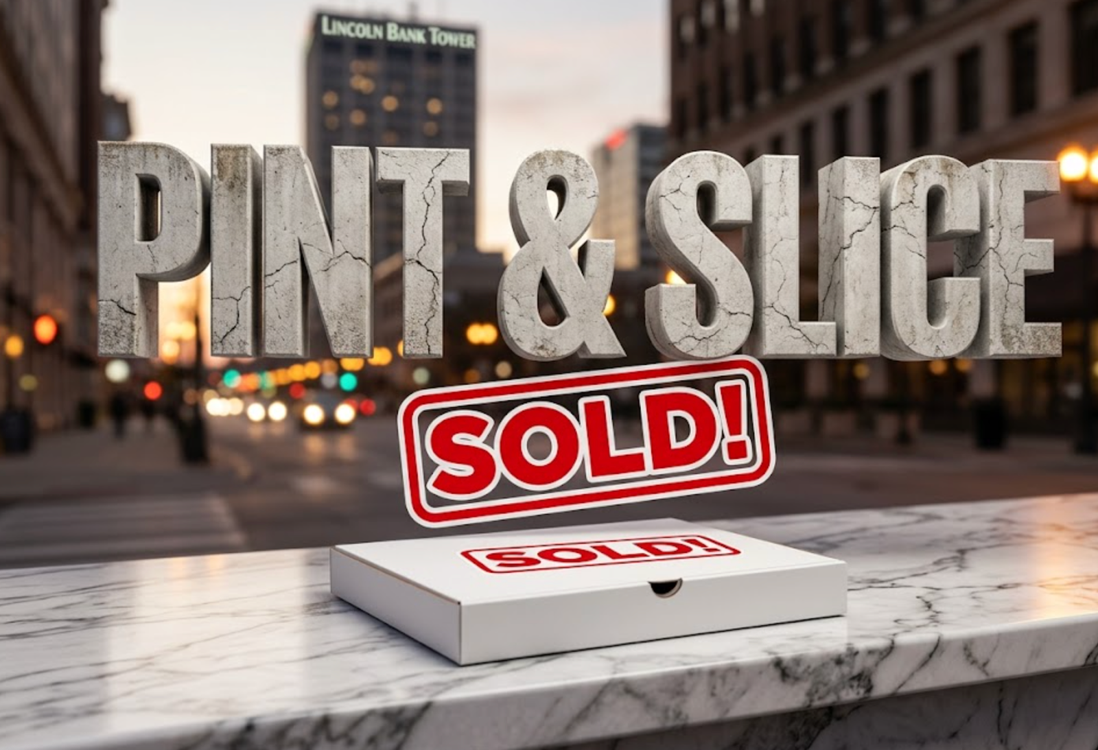 A viral, hyper-realistic YouTube thumbnail with a sophisticated business atmosphere. The background is a blurred, bustling city street at dusk in Fort Wayne, with bokeh lights and a subtle glow. The composition uses a low angle shot to focus on the main subject: a single, pristine white pizza box with a "SOLD" sign sticker on it, resting on a polished marble countertop. Image size should be 3:2.
The image features massive 3D typography with strict hierarchy:
The Primary Text reads exactly: 'PINT & SLICE'. This text is massive, the largest element in the frame, rendered in distressed, cracked concrete to look like a historic monument.
The Secondary Text reads exactly: 'SOLD!'. This text is significantly smaller, positioned below the main text. It features a thick, vibrant red border/outline (sticker style) to contrast against the background.