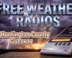 A viral, hyper-realistic YouTube thumbnail with a community safety and emergency preparedness atmosphere. The background is a dramatic Midwestern stormy sky with dark purple and gray clouds, lightning strikes in the distance, and a gradient of orange sunset breaking through on the horizon with volumetric god rays. The composition uses a low angle shot to focus on the main subject: a gleaming modern NOAA weather radio with extended antenna, LED display glowing bright amber, positioned on a wooden table with an American flag subtly visible in the background blur. Image size should be 3:2. The image features massive 3D typography with strict hierarchy: The Primary Text reads exactly: 'FREE WEATHER RADIOS'. This text is massive, the largest element in the frame, rendered in metallic chrome with electric blue lightning bolt effects crackling across the surface to look like a high-budget 3D render. The Secondary Text reads exactly: 'Huntington County Giveaway'. This text is significantly smaller, positioned below the main text. It features a thick, distinct orange and white border/outline in sticker style to contrast against the stormy background. Make sure text 2 is always different theme, style, effect and border compared to text 1. The text materials correspond to the story's concept. Crucial Instruction: There is absolutely NO other text, numbers, watermarks, or subtitles in this image other than these two specific lines. 8k, Unreal Engine 5, cinematic render.