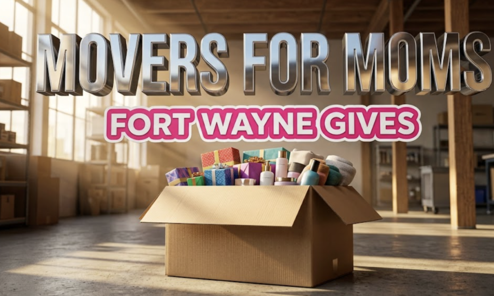 A viral, hyper-realistic YouTube thumbnail with a Lifestyle atmosphere. The background is a clean, modern warehouse interior with warm, sun-drenched lighting coming through large windows. The composition uses a Low Angle for power to focus on the main subject: a large, sturdy cardboard moving box overflowing with colorful gift-wrapped packages and high-end toiletries. Image size should be 3:2. The image features massive 3D typography with strict hierarchy: The Primary Text reads exactly: 'MOVERS FOR MOMS'. This text is massive, the largest element in the frame, rendered in Chrome to look like a high-budget 3D render. The Secondary Text reads exactly: 'FORT WAYNE GIVES'. This text is significantly smaller, positioned below the main text. It features a thick, bright pink sticker style border to contrast against the background. Make sure text 2 is a different theme and effect compared to text 1. The text materials correspond to the story's concept. Crucial Instruction: There is absolutely NO other text, numbers, watermarks, or subtitles in this image other than these two specific lines. 8k, Unreal Engine 5, cinematic render