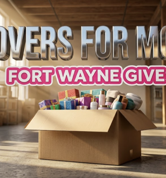 A viral, hyper-realistic YouTube thumbnail with a Lifestyle atmosphere. The background is a clean, modern warehouse interior with warm, sun-drenched lighting coming through large windows. The composition uses a Low Angle for power to focus on the main subject: a large, sturdy cardboard moving box overflowing with colorful gift-wrapped packages and high-end toiletries. Image size should be 3:2. The image features massive 3D typography with strict hierarchy: The Primary Text reads exactly: 'MOVERS FOR MOMS'. This text is massive, the largest element in the frame, rendered in Chrome to look like a high-budget 3D render. The Secondary Text reads exactly: 'FORT WAYNE GIVES'. This text is significantly smaller, positioned below the main text. It features a thick, bright pink sticker style border to contrast against the background. Make sure text 2 is a different theme and effect compared to text 1. The text materials correspond to the story's concept. Crucial Instruction: There is absolutely NO other text, numbers, watermarks, or subtitles in this image other than these two specific lines. 8k, Unreal Engine 5, cinematic render