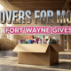 A viral, hyper-realistic YouTube thumbnail with a Lifestyle atmosphere. The background is a clean, modern warehouse interior with warm, sun-drenched lighting coming through large windows. The composition uses a Low Angle for power to focus on the main subject: a large, sturdy cardboard moving box overflowing with colorful gift-wrapped packages and high-end toiletries. Image size should be 3:2. The image features massive 3D typography with strict hierarchy: The Primary Text reads exactly: 'MOVERS FOR MOMS'. This text is massive, the largest element in the frame, rendered in Chrome to look like a high-budget 3D render. The Secondary Text reads exactly: 'FORT WAYNE GIVES'. This text is significantly smaller, positioned below the main text. It features a thick, bright pink sticker style border to contrast against the background. Make sure text 2 is a different theme and effect compared to text 1. The text materials correspond to the story's concept. Crucial Instruction: There is absolutely NO other text, numbers, watermarks, or subtitles in this image other than these two specific lines. 8k, Unreal Engine 5, cinematic render