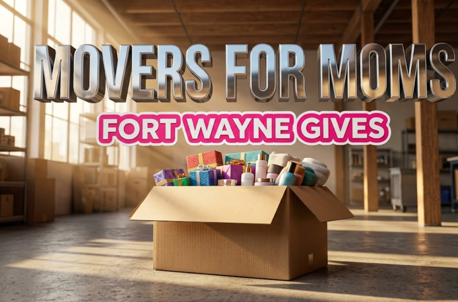 A viral, hyper-realistic YouTube thumbnail with a Lifestyle atmosphere. The background is a clean, modern warehouse interior with warm, sun-drenched lighting coming through large windows. The composition uses a Low Angle for power to focus on the main subject: a large, sturdy cardboard moving box overflowing with colorful gift-wrapped packages and high-end toiletries. Image size should be 3:2. The image features massive 3D typography with strict hierarchy: The Primary Text reads exactly: 'MOVERS FOR MOMS'. This text is massive, the largest element in the frame, rendered in Chrome to look like a high-budget 3D render. The Secondary Text reads exactly: 'FORT WAYNE GIVES'. This text is significantly smaller, positioned below the main text. It features a thick, bright pink sticker style border to contrast against the background. Make sure text 2 is a different theme and effect compared to text 1. The text materials correspond to the story's concept. Crucial Instruction: There is absolutely NO other text, numbers, watermarks, or subtitles in this image other than these two specific lines. 8k, Unreal Engine 5, cinematic render