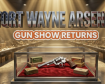 A viral, hyper-realistic YouTube thumbnail with a bold Americana atmosphere. The background is a massive indoor coliseum exhibition floor with dramatic overhead spotlights cutting through a slight haze, creating golden beams across polished concrete. Rows of vendor tables fade into the distance. The composition uses a low angle hero shot to focus on the main subject: a gleaming glass display case containing a classic polished steel revolver positioned on red velvet, surrounded by vintage ammunition boxes with worn labels. Image size should be 3:2. The image features massive 3D typography with strict hierarchy: The Primary Text reads exactly: 'FORT WAYNE ARSENAL'. This text is massive, the largest element in the frame, rendered in brushed gunmetal chrome with American flag reflection details to look like a high-budget 3D render. The Secondary Text reads exactly: 'GUN SHOW RETURNS'. This text is significantly smaller, positioned below the main text. It features a thick, distinct orange and white border/outline in sticker style to contrast against the background. Make sure text 2 is always different theme, style, effect and border compared to text 1. The text materials correspond to the story's concept. Crucial Instruction: There is absolutely NO other text, numbers, watermarks, or subtitles in this image other than these two specific lines. 8k, Unreal Engine 5, cinematic render.