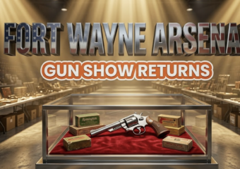 A viral, hyper-realistic YouTube thumbnail with a bold Americana atmosphere. The background is a massive indoor coliseum exhibition floor with dramatic overhead spotlights cutting through a slight haze, creating golden beams across polished concrete. Rows of vendor tables fade into the distance. The composition uses a low angle hero shot to focus on the main subject: a gleaming glass display case containing a classic polished steel revolver positioned on red velvet, surrounded by vintage ammunition boxes with worn labels. Image size should be 3:2. The image features massive 3D typography with strict hierarchy: The Primary Text reads exactly: 'FORT WAYNE ARSENAL'. This text is massive, the largest element in the frame, rendered in brushed gunmetal chrome with American flag reflection details to look like a high-budget 3D render. The Secondary Text reads exactly: 'GUN SHOW RETURNS'. This text is significantly smaller, positioned below the main text. It features a thick, distinct orange and white border/outline in sticker style to contrast against the background. Make sure text 2 is always different theme, style, effect and border compared to text 1. The text materials correspond to the story's concept. Crucial Instruction: There is absolutely NO other text, numbers, watermarks, or subtitles in this image other than these two specific lines. 8k, Unreal Engine 5, cinematic render.