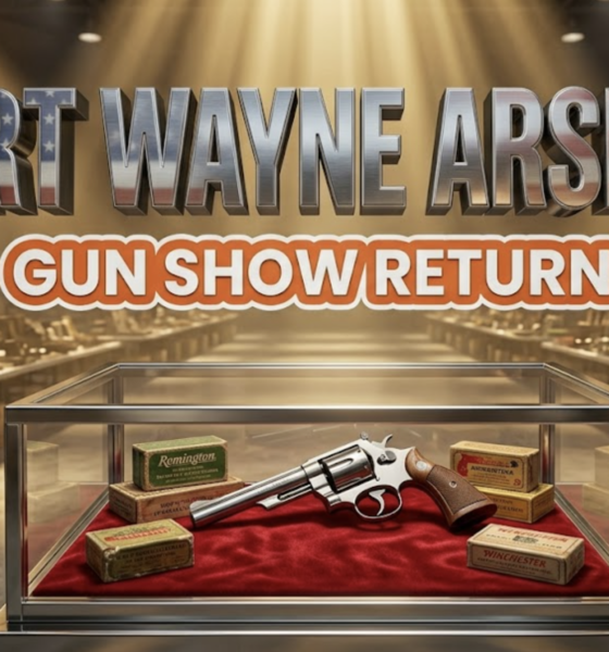 A viral, hyper-realistic YouTube thumbnail with a bold Americana atmosphere. The background is a massive indoor coliseum exhibition floor with dramatic overhead spotlights cutting through a slight haze, creating golden beams across polished concrete. Rows of vendor tables fade into the distance. The composition uses a low angle hero shot to focus on the main subject: a gleaming glass display case containing a classic polished steel revolver positioned on red velvet, surrounded by vintage ammunition boxes with worn labels. Image size should be 3:2. The image features massive 3D typography with strict hierarchy: The Primary Text reads exactly: 'FORT WAYNE ARSENAL'. This text is massive, the largest element in the frame, rendered in brushed gunmetal chrome with American flag reflection details to look like a high-budget 3D render. The Secondary Text reads exactly: 'GUN SHOW RETURNS'. This text is significantly smaller, positioned below the main text. It features a thick, distinct orange and white border/outline in sticker style to contrast against the background. Make sure text 2 is always different theme, style, effect and border compared to text 1. The text materials correspond to the story's concept. Crucial Instruction: There is absolutely NO other text, numbers, watermarks, or subtitles in this image other than these two specific lines. 8k, Unreal Engine 5, cinematic render.