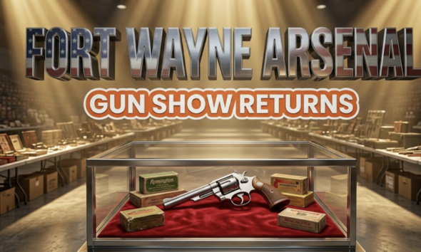 A viral, hyper-realistic YouTube thumbnail with a bold Americana atmosphere. The background is a massive indoor coliseum exhibition floor with dramatic overhead spotlights cutting through a slight haze, creating golden beams across polished concrete. Rows of vendor tables fade into the distance. The composition uses a low angle hero shot to focus on the main subject: a gleaming glass display case containing a classic polished steel revolver positioned on red velvet, surrounded by vintage ammunition boxes with worn labels. Image size should be 3:2. The image features massive 3D typography with strict hierarchy: The Primary Text reads exactly: 'FORT WAYNE ARSENAL'. This text is massive, the largest element in the frame, rendered in brushed gunmetal chrome with American flag reflection details to look like a high-budget 3D render. The Secondary Text reads exactly: 'GUN SHOW RETURNS'. This text is significantly smaller, positioned below the main text. It features a thick, distinct orange and white border/outline in sticker style to contrast against the background. Make sure text 2 is always different theme, style, effect and border compared to text 1. The text materials correspond to the story's concept. Crucial Instruction: There is absolutely NO other text, numbers, watermarks, or subtitles in this image other than these two specific lines. 8k, Unreal Engine 5, cinematic render.