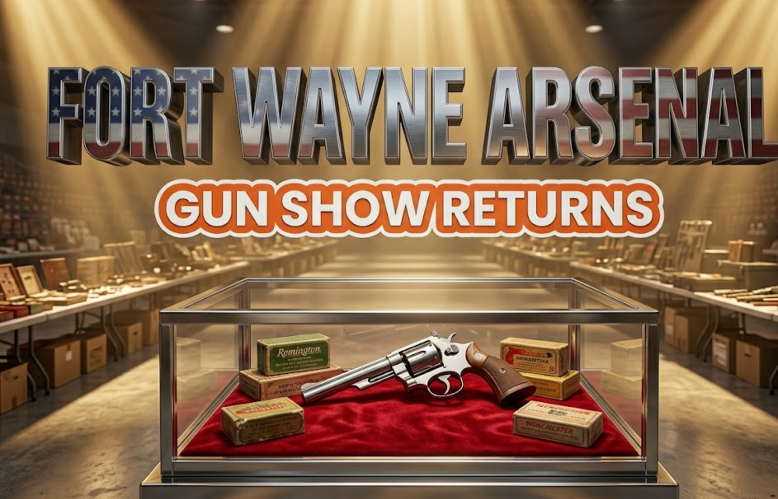 A viral, hyper-realistic YouTube thumbnail with a bold Americana atmosphere. The background is a massive indoor coliseum exhibition floor with dramatic overhead spotlights cutting through a slight haze, creating golden beams across polished concrete. Rows of vendor tables fade into the distance. The composition uses a low angle hero shot to focus on the main subject: a gleaming glass display case containing a classic polished steel revolver positioned on red velvet, surrounded by vintage ammunition boxes with worn labels. Image size should be 3:2. The image features massive 3D typography with strict hierarchy: The Primary Text reads exactly: 'FORT WAYNE ARSENAL'. This text is massive, the largest element in the frame, rendered in brushed gunmetal chrome with American flag reflection details to look like a high-budget 3D render. The Secondary Text reads exactly: 'GUN SHOW RETURNS'. This text is significantly smaller, positioned below the main text. It features a thick, distinct orange and white border/outline in sticker style to contrast against the background. Make sure text 2 is always different theme, style, effect and border compared to text 1. The text materials correspond to the story's concept. Crucial Instruction: There is absolutely NO other text, numbers, watermarks, or subtitles in this image other than these two specific lines. 8k, Unreal Engine 5, cinematic render.