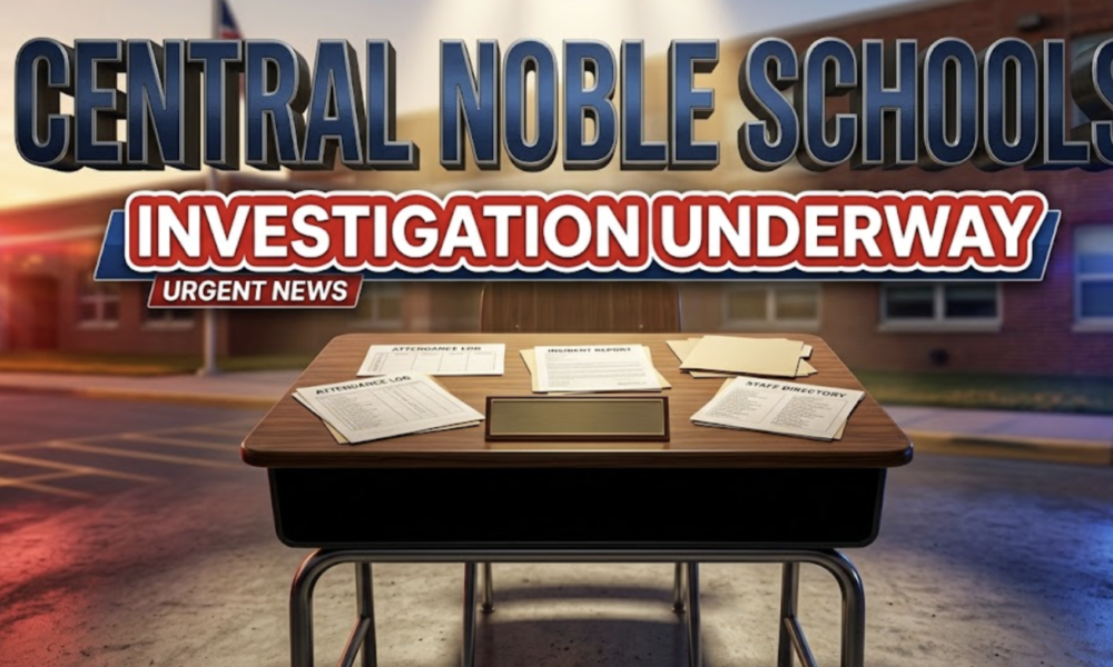 A viral, hyper-realistic YouTube thumbnail with a serious investigative news atmosphere. The background is a blurred Indiana school building exterior with dramatic golden hour lighting and police car lights creating red and blue ambient glows. The composition uses a low angle to focus on the main subject: a detailed wooden school desk with an empty nameplate and administrative documents scattered across it, symbolizing absence and investigation. The image features massive 3D typography with strict hierarchy: The Primary Text reads exactly: 'CENTRAL NOBLE SCHOOLS'. This text is massive, the largest element in the frame, rendered in polished dark blue metal with engraved texture to look like a high-budget 3D render. The Secondary Text reads exactly: 'INVESTIGATION UNDERWAY'. This text is significantly smaller, positioned below the main text. It features a thick, distinct red and white border/outline (sticker style) with a urgent news banner effect to contrast against the background. Make sure text 2 is always different theme, style, effect and border compared to text 1.