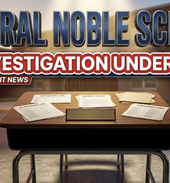 A viral, hyper-realistic YouTube thumbnail with a serious investigative news atmosphere. The background is a blurred Indiana school building exterior with dramatic golden hour lighting and police car lights creating red and blue ambient glows. The composition uses a low angle to focus on the main subject: a detailed wooden school desk with an empty nameplate and administrative documents scattered across it, symbolizing absence and investigation. The image features massive 3D typography with strict hierarchy: The Primary Text reads exactly: 'CENTRAL NOBLE SCHOOLS'. This text is massive, the largest element in the frame, rendered in polished dark blue metal with engraved texture to look like a high-budget 3D render. The Secondary Text reads exactly: 'INVESTIGATION UNDERWAY'. This text is significantly smaller, positioned below the main text. It features a thick, distinct red and white border/outline (sticker style) with a urgent news banner effect to contrast against the background. Make sure text 2 is always different theme, style, effect and border compared to text 1.