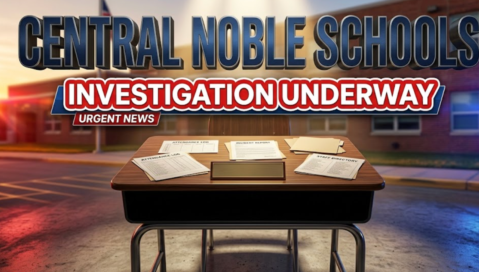 A viral, hyper-realistic YouTube thumbnail with a serious investigative news atmosphere. The background is a blurred Indiana school building exterior with dramatic golden hour lighting and police car lights creating red and blue ambient glows. The composition uses a low angle to focus on the main subject: a detailed wooden school desk with an empty nameplate and administrative documents scattered across it, symbolizing absence and investigation.

The image features massive 3D typography with strict hierarchy:
The Primary Text reads exactly: 'CENTRAL NOBLE SCHOOLS'. This text is massive, the largest element in the frame, rendered in polished dark blue metal with engraved texture to look like a high-budget 3D render.
The Secondary Text reads exactly: 'INVESTIGATION UNDERWAY'. This text is significantly smaller, positioned below the main text. It features a thick, distinct red and white border/outline (sticker style) with a urgent news banner effect to contrast against the background. Make sure text 2 is always different theme, style, effect and border compared to text 1.