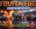 A viral, hyper-realistic YouTube thumbnail with a high-tension emergency atmosphere. The background is a smoky commercial corridor along Frontage Road in western Colorado with intense flames and thick smoke. The composition uses a low Dutch Angle to focus on the main subject: a large industrial propane tank positioned dangerously close to a burning building. Image size should be 3:2. The image features massive 3D typography with strict hierarchy: The Primary Text reads exactly: 'FRUITA FIRE'. This text is massive, the largest element in the frame, rendered in molten orange chrome to look like a high-budget 3D render. The Secondary Text reads exactly: 'CONTAINED FAST'. This text is significantly smaller, positioned below the main text. It features a thick, distinct blue border/outline (sticker style) to contrast against the background. Make sure text 2 is always different theme, style, effect and border compared to text 1.