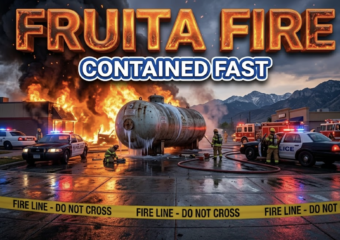 A viral, hyper-realistic YouTube thumbnail with a high-tension emergency atmosphere. The background is a smoky commercial corridor along Frontage Road in western Colorado with intense flames and thick smoke. The composition uses a low Dutch Angle to focus on the main subject: a large industrial propane tank positioned dangerously close to a burning building. Image size should be 3:2. The image features massive 3D typography with strict hierarchy: The Primary Text reads exactly: 'FRUITA FIRE'. This text is massive, the largest element in the frame, rendered in molten orange chrome to look like a high-budget 3D render. The Secondary Text reads exactly: 'CONTAINED FAST'. This text is significantly smaller, positioned below the main text. It features a thick, distinct blue border/outline (sticker style) to contrast against the background. Make sure text 2 is always different theme, style, effect and border compared to text 1.