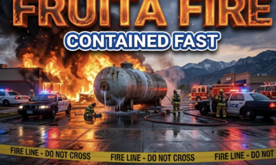 A viral, hyper-realistic YouTube thumbnail with a high-tension emergency atmosphere. The background is a smoky commercial corridor along Frontage Road in western Colorado with intense flames and thick smoke. The composition uses a low Dutch Angle to focus on the main subject: a large industrial propane tank positioned dangerously close to a burning building. Image size should be 3:2. The image features massive 3D typography with strict hierarchy: The Primary Text reads exactly: 'FRUITA FIRE'. This text is massive, the largest element in the frame, rendered in molten orange chrome to look like a high-budget 3D render. The Secondary Text reads exactly: 'CONTAINED FAST'. This text is significantly smaller, positioned below the main text. It features a thick, distinct blue border/outline (sticker style) to contrast against the background. Make sure text 2 is always different theme, style, effect and border compared to text 1.