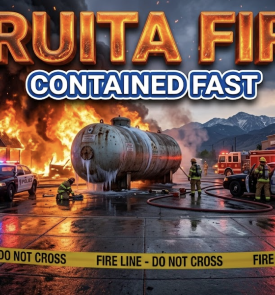 A viral, hyper-realistic YouTube thumbnail with a high-tension emergency atmosphere. The background is a smoky commercial corridor along Frontage Road in western Colorado with intense flames and thick smoke. The composition uses a low Dutch Angle to focus on the main subject: a large industrial propane tank positioned dangerously close to a burning building. Image size should be 3:2. The image features massive 3D typography with strict hierarchy: The Primary Text reads exactly: 'FRUITA FIRE'. This text is massive, the largest element in the frame, rendered in molten orange chrome to look like a high-budget 3D render. The Secondary Text reads exactly: 'CONTAINED FAST'. This text is significantly smaller, positioned below the main text. It features a thick, distinct blue border/outline (sticker style) to contrast against the background. Make sure text 2 is always different theme, style, effect and border compared to text 1.