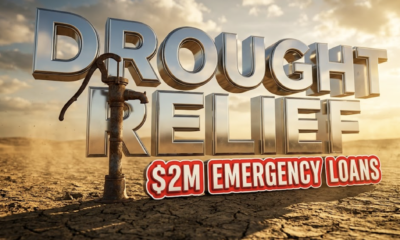 A viral, hyper-realistic YouTube thumbnail with a Business atmosphere. The background is a parched, cracked farm field under a scorching Colorado sun with dramatic, golden hour lighting. The composition uses a Low Angle to focus on the main subject: a weathered, vintage water pump standing alone in the dry earth. Image size should be 3:2. The image features massive 3D typography with strict hierarchy: The Primary Text reads exactly: 'DROUGHT RELIEF'. This text is massive, the largest element in the frame, rendered in Chrome to look like a high-budget 3D render. The Secondary Text reads exactly: '$2M EMERGENCY LOANS'. This text is significantly smaller, positioned below the main text. It features a thick, bright red border/outline (sticker style) to contrast against the background. Make sure text 2 is always different theme, style, effect and border compared to text 1. The text materials correspond to the story's concept. Crucial Instruction: There is absolutely NO other text, numbers, watermarks, or subtitles in this image other than these two specific lines. 8k, Unreal Engine 5, cinematic render.