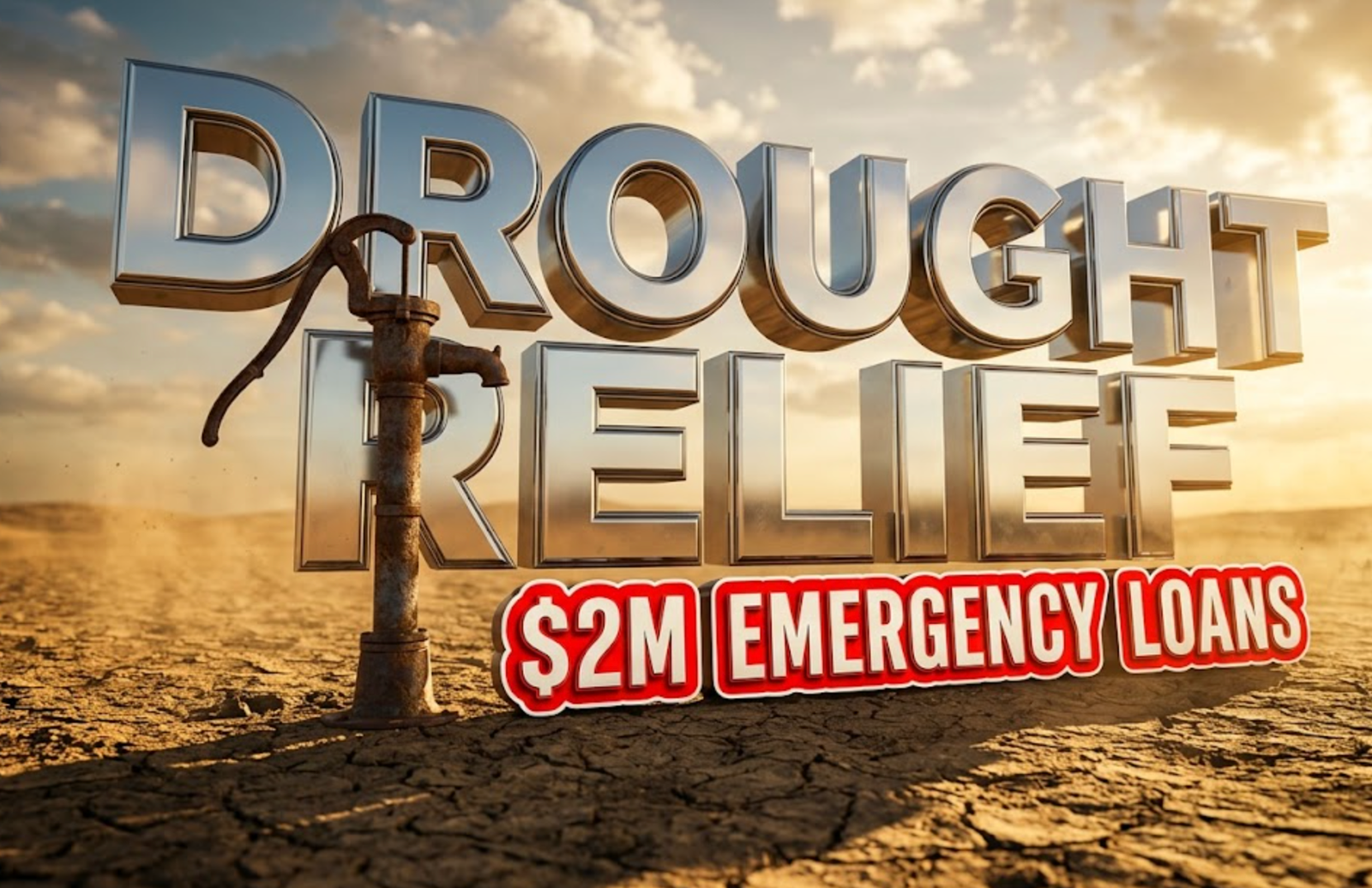 A viral, hyper-realistic YouTube thumbnail with a Business atmosphere. The background is a parched, cracked farm field under a scorching Colorado sun with dramatic, golden hour lighting. The composition uses a Low Angle to focus on the main subject: a weathered, vintage water pump standing alone in the dry earth. Image size should be 3:2. The image features massive 3D typography with strict hierarchy: The Primary Text reads exactly: 'DROUGHT RELIEF'. This text is massive, the largest element in the frame, rendered in Chrome to look like a high-budget 3D render. The Secondary Text reads exactly: '$2M EMERGENCY LOANS'. This text is significantly smaller, positioned below the main text. It features a thick, bright red border/outline (sticker style) to contrast against the background. Make sure text 2 is always different theme, style, effect and border compared to text 1. The text materials correspond to the story's concept. Crucial Instruction: There is absolutely NO other text, numbers, watermarks, or subtitles in this image other than these two specific lines. 8k, Unreal Engine 5, cinematic render.