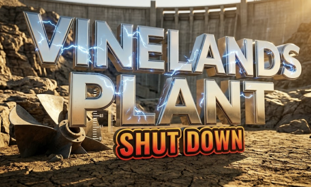 A viral, hyper-realistic YouTube thumbnail with a dramatic environmental crisis atmosphere. The background is a dried riverbed with exposed rocky terrain and a massive concrete hydroelectric dam structure in the distance, lit by harsh golden-hour sunlight creating long shadows and emphasizing the severity of drought conditions. The composition uses a low angle shot to focus on the main subject: a massive industrial turbine blade sitting motionless and dry, surrounded by cracked earth and water level markers showing dramatic decline. Image size should be 3:2. The image features massive 3D typography with strict hierarchy: The Primary Text reads exactly: 'VINELANDS PLANT'. This text is massive, the largest element in the frame, rendered in metallic chrome with electric blue energy crackling effects to look like a high-budget 3D render. The Secondary Text reads exactly: 'SHUT DOWN'. This text is significantly smaller, positioned below the main text. It features a thick, distinct red and orange gradient border/outline (sticker style) with warning tape texture to contrast against the background. Make sure text 2 is always different theme, style, effect and border compared to text 1. The text materials correspond to the story's concept. Crucial Instruction: There is absolutely NO other text, numbers, watermarks, or subtitles in this image other than these two specific lines. 8k, Unreal Engine 5, cinematic render.