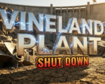 A viral, hyper-realistic YouTube thumbnail with a dramatic environmental crisis atmosphere. The background is a dried riverbed with exposed rocky terrain and a massive concrete hydroelectric dam structure in the distance, lit by harsh golden-hour sunlight creating long shadows and emphasizing the severity of drought conditions. The composition uses a low angle shot to focus on the main subject: a massive industrial turbine blade sitting motionless and dry, surrounded by cracked earth and water level markers showing dramatic decline. Image size should be 3:2. The image features massive 3D typography with strict hierarchy: The Primary Text reads exactly: 'VINELANDS PLANT'. This text is massive, the largest element in the frame, rendered in metallic chrome with electric blue energy crackling effects to look like a high-budget 3D render. The Secondary Text reads exactly: 'SHUT DOWN'. This text is significantly smaller, positioned below the main text. It features a thick, distinct red and orange gradient border/outline (sticker style) with warning tape texture to contrast against the background. Make sure text 2 is always different theme, style, effect and border compared to text 1. The text materials correspond to the story's concept. Crucial Instruction: There is absolutely NO other text, numbers, watermarks, or subtitles in this image other than these two specific lines. 8k, Unreal Engine 5, cinematic render.