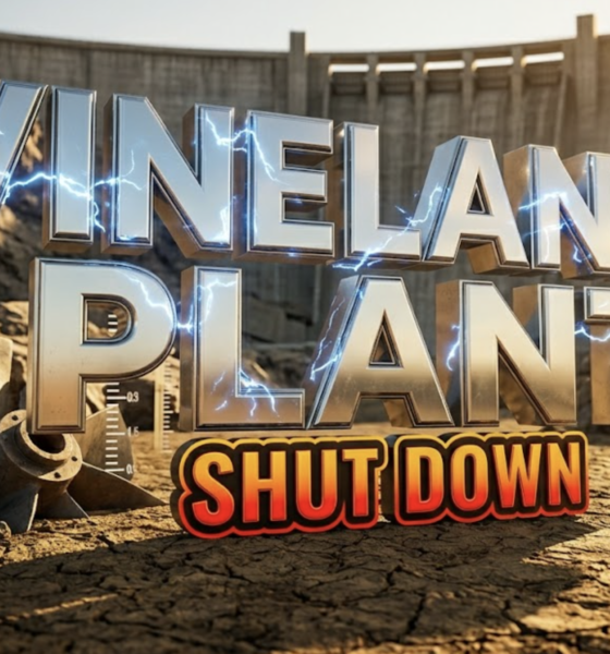 A viral, hyper-realistic YouTube thumbnail with a dramatic environmental crisis atmosphere. The background is a dried riverbed with exposed rocky terrain and a massive concrete hydroelectric dam structure in the distance, lit by harsh golden-hour sunlight creating long shadows and emphasizing the severity of drought conditions. The composition uses a low angle shot to focus on the main subject: a massive industrial turbine blade sitting motionless and dry, surrounded by cracked earth and water level markers showing dramatic decline. Image size should be 3:2. The image features massive 3D typography with strict hierarchy: The Primary Text reads exactly: 'VINELANDS PLANT'. This text is massive, the largest element in the frame, rendered in metallic chrome with electric blue energy crackling effects to look like a high-budget 3D render. The Secondary Text reads exactly: 'SHUT DOWN'. This text is significantly smaller, positioned below the main text. It features a thick, distinct red and orange gradient border/outline (sticker style) with warning tape texture to contrast against the background. Make sure text 2 is always different theme, style, effect and border compared to text 1. The text materials correspond to the story's concept. Crucial Instruction: There is absolutely NO other text, numbers, watermarks, or subtitles in this image other than these two specific lines. 8k, Unreal Engine 5, cinematic render.