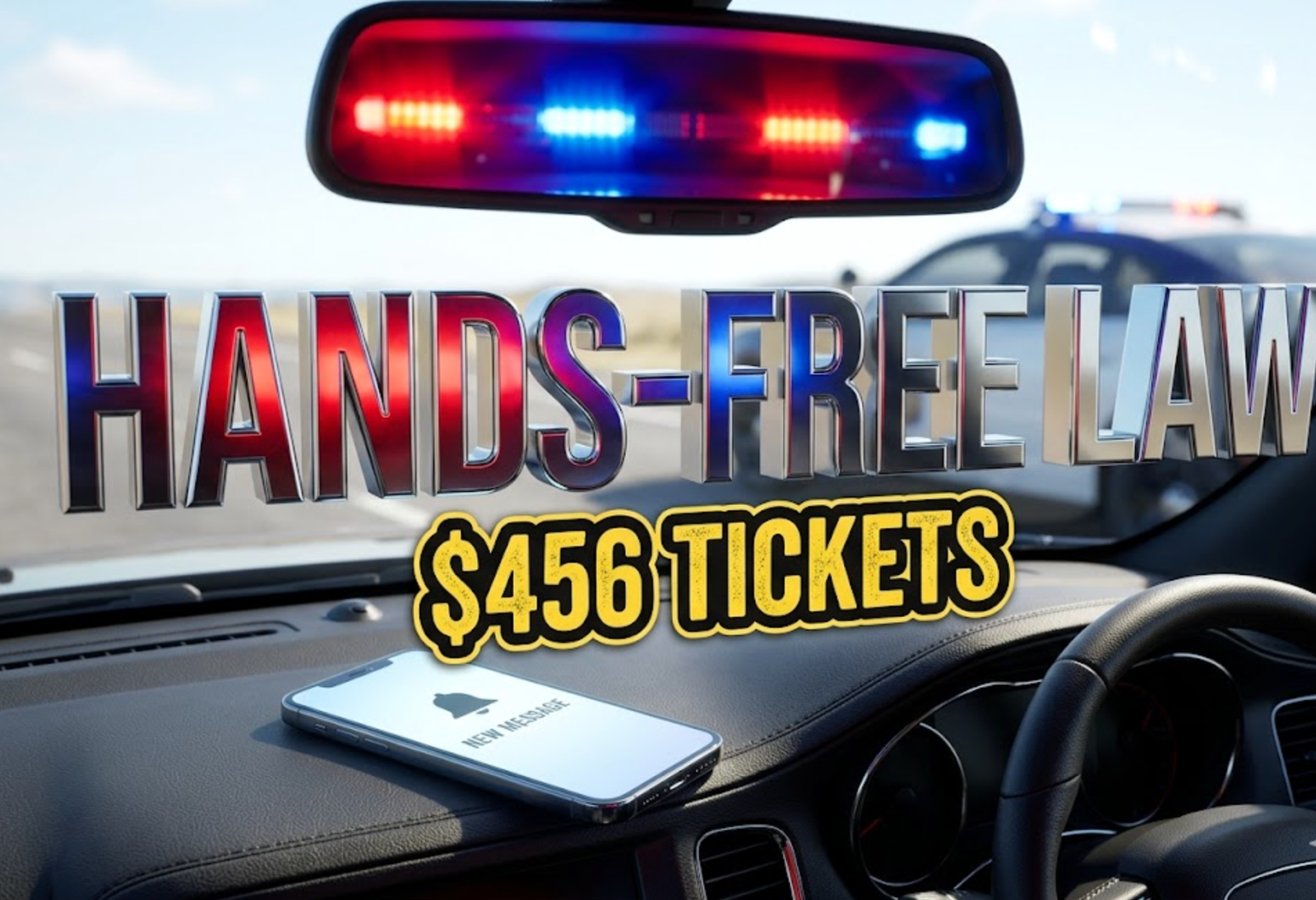 A viral, hyper-realistic YouTube thumbnail with a law enforcement atmosphere. The background is a Colorado highway dashboard view with blue and red police lights reflecting off a rearview mirror, creating dramatic contrast with natural daylight streaming through the windshield. The composition uses a driver's POV angle to focus on the main subject: a sleek smartphone lying face-up on a car dashboard with a bright notification screen, positioned next to a steering wheel, with a blurred police vehicle visible through the windshield. Image size should be 3:2. The image features massive 3D typography with strict hierarchy: The Primary Text reads exactly: 'HANDS-FREE LAW'. This text is massive, the largest element in the frame, rendered in metallic chrome with red and blue police light reflections to look like a high-budget 3D render. The Secondary Text reads exactly: '$456 TICKETS'. This text is significantly smaller, positioned below the main text. It features a thick, distinct yellow and black border outline (sticker style) with a road sign aesthetic to contrast against the background. Make sure text 2 is always different theme, style, effect and border compared to text 1. The text materials correspond to the story's concept. Crucial Instruction: There is absolutely NO other text, numbers, watermarks, or subtitles in this image other than these two specific lines. 8k, Unreal Engine 5, cinematic render.
