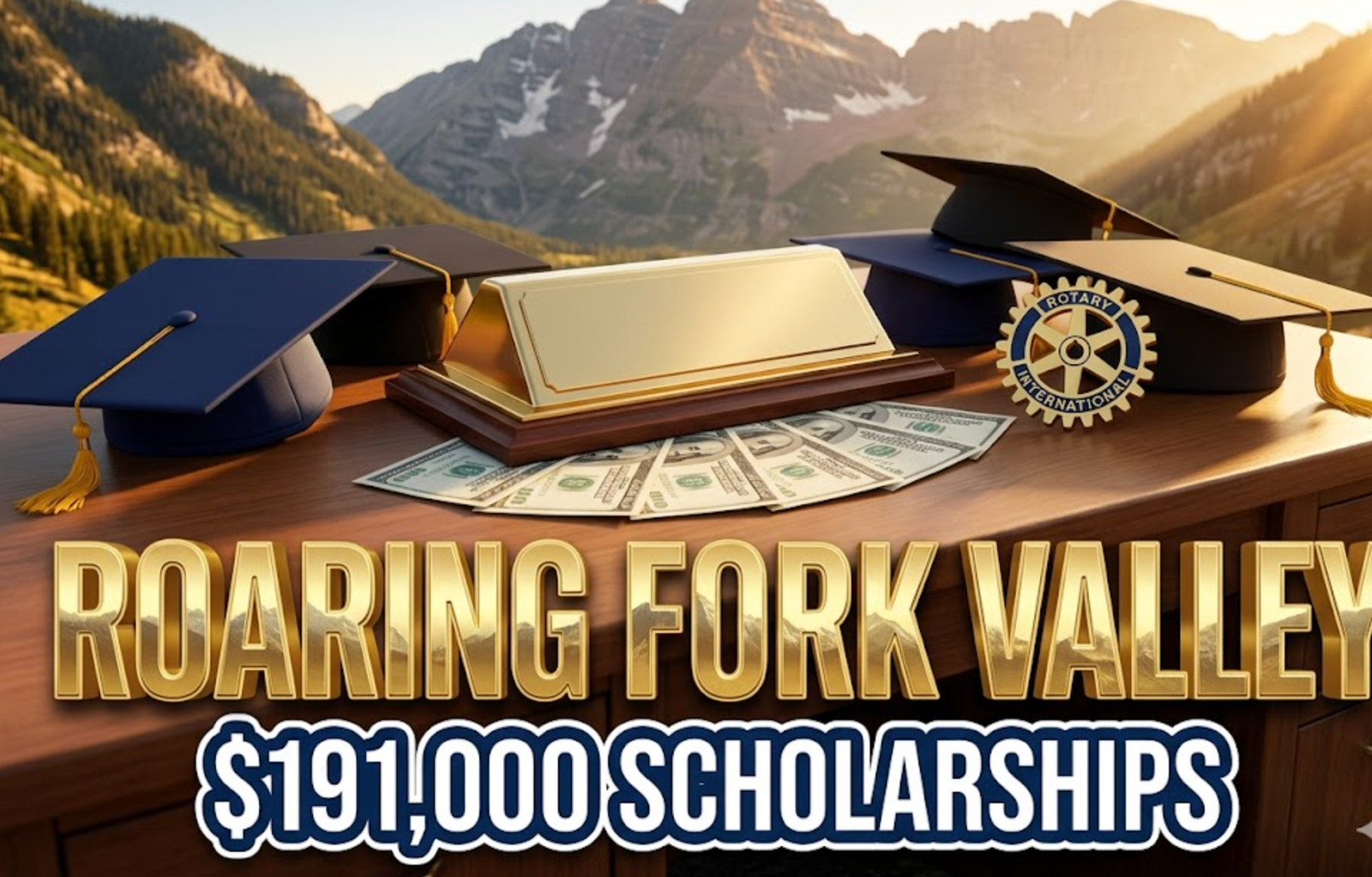 A viral, hyper-realistic YouTube thumbnail with an inspirational educational atmosphere. The background is a sunlit Colorado mountain valley with the iconic Roaring Fork peaks visible, featuring warm golden hour lighting streaming through. The composition uses a slightly elevated angle to focus on the main subject: a gleaming scholarship certificate holder sitting on a wooden desk with graduation caps arranged artistically around it, dollar bills fanned out beneath, and a Rotary International wheel emblem prominently displayed. Image size should be 3:2. The image features massive 3D typography with strict hierarchy: The Primary Text reads exactly: 'ROARING FORK VALLEY'. This text is massive, the largest element in the frame, rendered in polished gold with embossed texture to look like a high-budget 3D render with mountain reflection effects. The Secondary Text reads exactly: '$191,000 SCHOLARSHIPS'. This text is significantly smaller, positioned below the main text. It features a thick, distinct navy blue border with white outline in sticker style to contrast against the background. Make sure text 2 is always different theme, style, effect and border compared to text 1. The text materials correspond to the story's concept. Crucial Instruction: There is absolutely NO other text, numbers, watermarks, or subtitles in this image other than these two specific lines. 8k, Unreal Engine 5, cinematic render