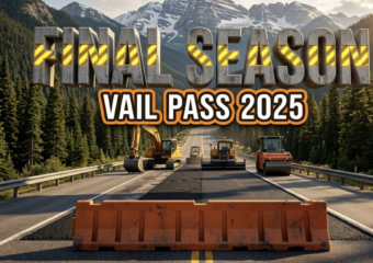 A viral, hyper-realistic YouTube thumbnail with a rugged alpine construction atmosphere. The background is a dramatic Colorado mountain highway cutting through pine forests with snow capped peaks and heavy machinery working under dramatic side lighting. The composition uses a low angle to focus on the main subject: a large orange construction barrier with fresh black asphalt behind it. Image size should be 3:2. The image features massive 3D typography with strict hierarchy: The Primary Text reads exactly: 'FINAL SEASON'. This text is massive, the largest element in the frame, rendered in weathered concrete with glowing yellow safety stripes to look like a high-budget 3D render. The Secondary Text reads exactly: 'VAIL PASS 2025'. This text is significantly smaller, positioned below the main text. It features a thick, distinct bright orange border/outline (sticker style) to contrast against the background. Make sure text 2 is always different theme, style, effect and border compared to text 1. The text materials correspond to the story's concept. Crucial Instruction: There is absolutely NO other text, numbers, watermarks, or subtitles in this image other than these two specific lines. 8k, Unreal Engine 5, cinematic render.