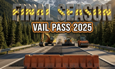 A viral, hyper-realistic YouTube thumbnail with a rugged alpine construction atmosphere. The background is a dramatic Colorado mountain highway cutting through pine forests with snow capped peaks and heavy machinery working under dramatic side lighting. The composition uses a low angle to focus on the main subject: a large orange construction barrier with fresh black asphalt behind it. Image size should be 3:2. The image features massive 3D typography with strict hierarchy: The Primary Text reads exactly: 'FINAL SEASON'. This text is massive, the largest element in the frame, rendered in weathered concrete with glowing yellow safety stripes to look like a high-budget 3D render. The Secondary Text reads exactly: 'VAIL PASS 2025'. This text is significantly smaller, positioned below the main text. It features a thick, distinct bright orange border/outline (sticker style) to contrast against the background. Make sure text 2 is always different theme, style, effect and border compared to text 1. The text materials correspond to the story's concept. Crucial Instruction: There is absolutely NO other text, numbers, watermarks, or subtitles in this image other than these two specific lines. 8k, Unreal Engine 5, cinematic render.