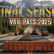 A viral, hyper-realistic YouTube thumbnail with a rugged alpine construction atmosphere. The background is a dramatic Colorado mountain highway cutting through pine forests with snow capped peaks and heavy machinery working under dramatic side lighting. The composition uses a low angle to focus on the main subject: a large orange construction barrier with fresh black asphalt behind it. Image size should be 3:2. The image features massive 3D typography with strict hierarchy: The Primary Text reads exactly: 'FINAL SEASON'. This text is massive, the largest element in the frame, rendered in weathered concrete with glowing yellow safety stripes to look like a high-budget 3D render. The Secondary Text reads exactly: 'VAIL PASS 2025'. This text is significantly smaller, positioned below the main text. It features a thick, distinct bright orange border/outline (sticker style) to contrast against the background. Make sure text 2 is always different theme, style, effect and border compared to text 1. The text materials correspond to the story's concept. Crucial Instruction: There is absolutely NO other text, numbers, watermarks, or subtitles in this image other than these two specific lines. 8k, Unreal Engine 5, cinematic render.